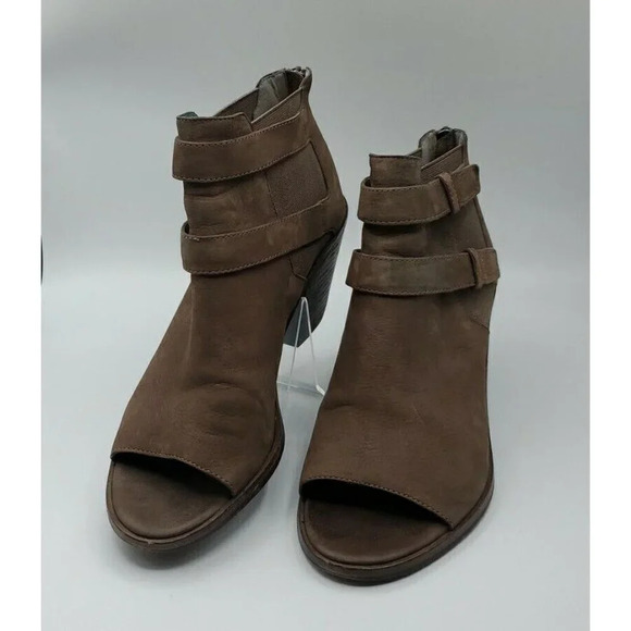 Eileen Fisher Shoes - Eileen Fisher Womens List Ankle Boots Peep Toe Brown Leather Block Heel Size 9